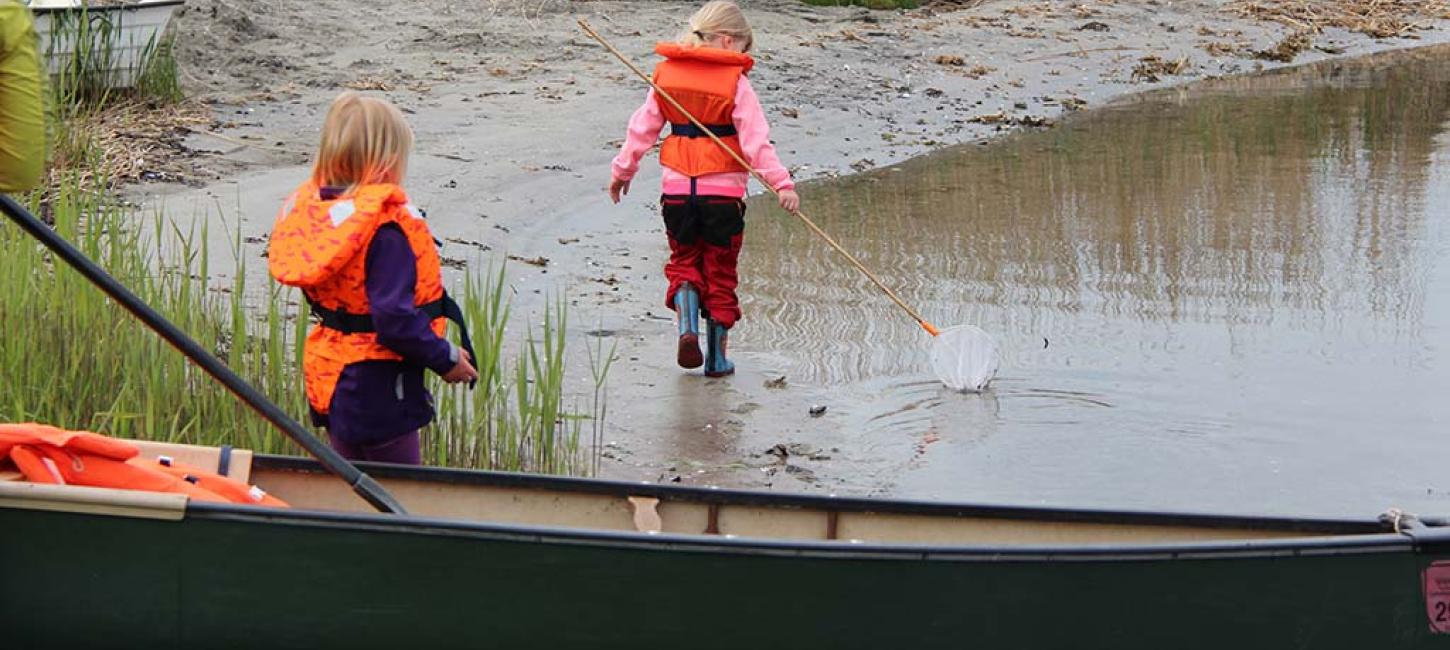 Familie på kanotur og børnene leger i vandkanten med fiskenet